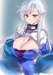  1girl azur_lane belfast_(azur_lane) belfast_(iridescent_rose)_(azur_lane) blue_dress blue_eyes braid breasts chains cleavage collar commentary_request dress large_breasts long_hair looking_at_viewer silver_hair solo yostxxx 