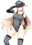  1girl alternate_costume bismarck_(kantai_collection) blonde_hair blue_eyes breasts collarbone competition_swimsuit contrapposto elbow_gloves gloves gluteal_fold grey_legwear grey_swimsuit hair_between_eyes hand_on_headwear hand_on_hip harukon_(halcon) hat highleg highleg_swimsuit highres kantai_collection large_breasts long_hair military_hat one-piece_swimsuit simple_background smile solo swimsuit thighhighs very_long_hair white_background 