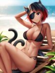  1girl :3 animal_ears arm_behind_back ass bangs beach_chair bikini black_bikini black_hair borrowed_character breasts cat_ears cat_girl cat_tail combat_knife dark_skin day diagonal_bangs eyepatch fang_out gigamessy gradient_hair hand_behind_head head_tilt knife large_breasts legs_together looking_at_viewer multicolored_hair multiple_tails navel original outdoors red_eyes red_hair short_hair side-tie_bikini sitting smile solo stomach string_bikini swimsuit tail tan toned weapon 
