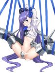  1girl arms_up ass blue_eyes blush bound crotch_plate fate/extra fate/extra_ccc fate/grand_order fate_(series) legs_up long_hair meltlilith michihasu navel purple_hair ribbon ribbon_bondage spike thighs very_long_hair white_background 