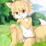  2018 anthro bulge canid canine clothed clothing cub fox hi_res male mammal nekowuwu outside red_eyes tongue tongue_out topless young 