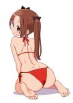  1girl ass bangs barefoot bikini black_bow bow brown_eyes brown_hair feet from_behind full_body girls_und_panzer hair_bow highres kadotani_anzu long_hair looking_at_viewer looking_back oomabu_shichirou parted_bangs parted_lips red_bikini side-tie_bikini simple_background sitting solo swimsuit twintails wariza white_background 