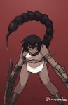  armlet black_hair dagger dark_skin dual_wielding harusame10000 holding jamadhar leaning_forward original red_background red_eyes scorpion_girl scorpion_tail tail twitter_username weapon 