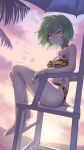  1girl bare_arms bare_legs bare_shoulders barefoot bikini breast_tattoo breasts chair cleavage collarbone commentary english_commentary from_below from_side full_body green_hair highres hikage_(senran_kagura) large_breasts looking_at_viewer multicolored multicolored_bikini multicolored_clothes outdoors palm_tree rou_(rou22) senran_kagura short_hair sitting sky slit_pupils solo strapless strapless_bikini sunset swimsuit tattoo tree water wavy_mouth yellow_eyes 