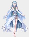  1girl aqua_(fire_emblem_if) asymmetrical_legwear blue_hair chacha_soracha dress elbow_gloves fingerless_gloves fire_emblem fire_emblem_if full_body gloves grey_background hair_between_eyes highres jewelry long_hair nintendo parted_lips pendant simple_background solo veil white_dress white_gloves yellow_eyes 