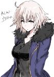  absurdres ahoge bangs black_dress blue_jacket breasts cape commentary_request dress eyebrows_visible_through_hair fate/grand_order fate_(series) fur-trimmed_jacket fur_collar fur_trim gorofulu highres jacket jeanne_d&#039;arc_(alter)_(fate) jeanne_d&#039;arc_(fate)_(all) large_breasts short_hair signature silver_hair simple_background sketch tsurime white_background wicked_dragon_witch_ver._shinjuku_1999 yellow_eyes 