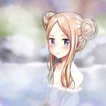  1girl :t abigail_williams_(fate/grand_order) bangs blonde_hair blue_eyes blurry blurry_background blush cannon_fodder closed_mouth collarbone commentary_request depth_of_field double_bun fate/grand_order fate_(series) forehead highres long_hair looking_at_viewer nude onsen parted_bangs partially_submerged pout reflection side_bun solo steam water wavy_mouth 