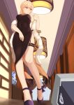  1girl 1other absurdres alternate_costume blonde_hair china_dress chinese_clothes chinese_commentary commentary_request dinergate_(girls_frontline) dress fur_scarf garter_straps garters girls_frontline high_heels highres hsubo lamp ots-14_(girls_frontline) restaurant upskirt vase yellow_eyes 