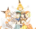  6+girls :d ;d ^_^ animal_ear_fluff animal_ears armadillo_ears arms_up bare_shoulders black_hair blonde_hair bow bowtie caracal_(kemono_friends) caracal_ears closed_eyes commentary_request dog_(kemono_friends) dog_ears dog_tail elbow_gloves elbow_pads extra_ears eyes_closed fang giant_armadillo_(kemono_friends) giant_pangolin_(kemono_friends) girl_sandwich gloves green_hair grey_hair group_hug happy hat hat_feather hug kemono_friends kyururu_(kemono_friends) moeki_(moeki0329) multicolored_hair multiple_girls one_eye_closed open_mouth orange_hair outstretched_arms pangolin_ears sandwiched serval_(kemono_friends) serval_ears shoulder_pads simple_background smile spread_arms tail two-tone_hair white_background white_hair |d 