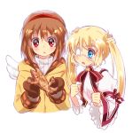  2girls backpack bag blonde_hair blue_eyes brown_hair chinese_commentary coat commentary_request company_connection cropped_torso dress eyepatch food kanon key_(company) lliissaawwuu2 long_hair medical_eyepatch mittens multiple_girls nakatsu_shizuru open_mouth red_eyes rewrite ribbon short_hair simple_background taiyaki tsukimiya_ayu twintails wagashi white_background winged_backpack 