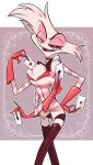  2018 4_arms angel_dust black_sclera bow_tie card clothed clothing demon female fur gloves half-closed_eyes hazbin_hotel heterochromia looking_at_viewer multi_arm multi_limb open_mouth pink_spots playing_card sharp_teeth solo spots ta-na teeth white_fur 