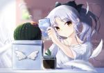  1girl angel_beats! black_bow bow brown_eyes collarbone eyebrows_visible_through_hair floating_hair hair_bow head_tilt holding holding_phone indoors long_hair phone ponytail shiny shiny_hair shirt short_sleeves silver_hair solo tagame_(tagamecat) taking_picture tenshi_(angel_beats!) upper_body white_feathers white_shirt 
