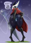  anus arthropod big_butt butt clothed clothing dialogue english_text female hollow_knight hornet_(hollow_knight) insect karakylia looking_at_viewer looking_back mask pussy solo spread_butt spreading standing text thick_thighs 