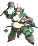  3_fingers absurd_res anthro big_breasts blazhxxx blue_eyes breasts clothed clothing domestic_pig dual_wielding female final_fantasy final_fantasy_tactics green_skin hi_res holding_object holding_weapon horn mammal melee_weapon overweight seeq skimpy slightly_chubby square_enix suid suina sus_(pig) tagme tusks video_games viking weapon 