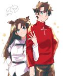  1boy 1girl bangs black_hair black_legwear blue_eyes brown_hair chaldea_uniform cosplay costume_switch fate/grand_order fate/stay_night fate_(series) fujimaru_ritsuka_(male) hair_ribbon locked_arms long_legs long_sleeves ribbon smile tohsaka_rin turtleneck yunomi_(22_00ynm) 