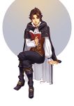  1boy black_hair book cape cyrus_(octopath_traveler) full_body gloves long_hair male_focus mella octopath_traveler ponytail simple_background smile solo vest white_background 