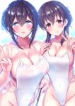  2girls bangs bare_shoulders black_hair blue_eyes blush braid breasts brown_eyes brown_hair cleavage closed_mouth collarbone covered_navel fujiwara_hajime hair_between_eyes hand_gesture idolmaster idolmaster_cinderella_girls jewel_(the_black_canvas) large_breasts long_hair looking_at_viewer multiple_girls one-piece_swimsuit open_mouth parted_lips sagisawa_fumika short_hair side_braid smile swimsuit tied_hair v wet white_swimsuit 