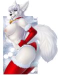  anthro breasts butt canid canine christmas clothing collar female gizmo0sue holidays legwear looking_at_viewer mammal nipples puivei smile solo standing thigh_highs 