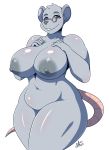 2019 absurd_res anthro big_breasts breasts curvaceous eyewear female fur glasses grey_fur hi_res looking_at_viewer mammal mouse navel nipples nude rodent ryousakai simple_background slightly_chubby smile solo standing thick_thighs white_background wide_hips 