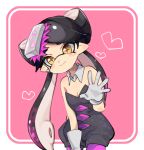  +_+ 1girl aori_(splatoon) bare_shoulders black_hair black_jumpsuit blush breasts cleavage closed_mouth cowboy_shot detached_collar domino_mask earrings food food_on_head gloves gradient_hair hair_rings hand_up heart jewelry legs_apart long_hair mask mole mole_under_eye multicolored_hair object_on_head orange_eyes pantyhose pixiv13691592 pointy_ears purple_legwear short_jumpsuit smile solo splatoon splatoon_(series) splatoon_1 strapless suction_cups symbol-shaped_pupils tentacle_hair two-tone_hair white_gloves 