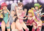  5girls ahoge anny_beach blonde_hair blush boots breast_grab breasts brown_hair chains cleavage clenched_teeth detached_sleeves drooling embarrassed eyes_closed facepalm fingerless_gloves freia_kagami gloves grabbing green_hair hair_ribbon heart heart-shaped_pupils highres jacket knee_pads large_breasts leaning_forward legband leotard lighting long_hair mighty_yukiko multiple_girls nonoririn open_mouth ozawa_kayo pink_hair ponytail purple_eyes red_eyes ribbon sakurai_chisato silver_hair standing surprised sweat symbol-shaped_pupils teeth thigh_boots thighhighs wrestle_angels wrestle_angels_survivor wrestle_angels_survivor_2 wrestling_outfit wrestling_ring wristband yuri 