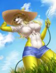  2021 5_fingers anthro blonde_hair blue_eyes breasts canid canine clothed clothing day detailed_background digital_media_(artwork) elvofirida eyebrows eyelashes female fingers fur hair mammal midriff navel outside pafc sky smile solo white_body white_fur yellow_body yellow_fur 