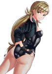  1girl absurd_res artist_name ass black_canary blonde_hair breasts butt_crack catsliketodraw colored_tips cosplay dc female fire_emblem fire_emblem_heroes fishnets gluteal_fold green_eyes highres jacket leather leggings lips looking_at_viewer nintendo sharena_(fire_emblem) sideboob skin_tight smile solo thighs tight_clothing white_background 