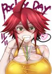  1girl absurdres bare_shoulders between_breasts blush breasts cleavage food green_eyes hair_between_eyes heart heterochromia highres large_breasts looking_at_viewer monster_musume_no_iru_nichijou pocky pocky_day red_hair short_hair simple_background solo stitches virusotaku white_background yellow_eyes zombie zombina 