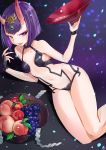  1girl absurdres alcohol apple bob_cut breasts collarbone cup eyebrows_visible_through_hair fate/grand_order fate_(series) food fruit grapes hieung highres horns medium_breasts navel oni oni_horns open_mouth peach purple_eyes purple_hair sakazuki sake short_hair shuten_douji_(fate/grand_order) smile solo thick_eyebrows thighs 