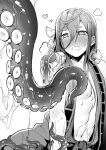  1boy arched_back arm_support bestiality blush chiyoganemaru greyscale heart heart-shaped_pupils japanese_clothes long_hair looking_at_another male_focus monochrome nyagi simple_background solo_focus symbol-shaped_pupils tentacle touken_ranbu twitter_username wavy_mouth white_background 