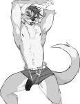  2019 anthro bulge clothing fur hair herpestid hi_res humanoid_penis male mammal mongoose monochrome muscular muscular_male nick_(ulfhednar) paperclip_(artist) penis precum simple_background smile solo underwear vein white_background 