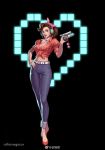  1girl alternate_costume belt black_background breasts brown_eyes brown_hair buttons choker cleavage copyright_name cruiser_d.va d.va_(overwatch) denim earrings front-tie_top full_body gun hand_on_hip handgun head_scarf headphones highres holding holding_gun holding_weapon hoop_earrings jewelry looking_at_viewer maggie_xie medium_breasts medium_hair midriff navel nose overwatch pants pistol pixel_heart plaid plaid_shirt ponytail puffy_short_sleeves puffy_sleeves red_footwear red_shirt shirt short_sleeves simple_background smile solo weapon white_belt white_neckwear 