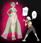  1boy 1girl big_breasts breasts chest_spike creatures_(company) curvy english_text femdom game_freak gardevoir gen_3_pokemon hair_over_eye hair_over_one_eye hand_on_hip heels height_difference high_heels large_breasts long_legs looking_down monster_girl nintendo pokeball pokemon pokemon_(game) pokemon_rse short_hair simple_background size_difference text_focus thick_thighs thighs thought_bubble wide_hips 