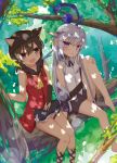  2girls :d :o animal animal_ear_fluff animal_ears animal_on_lap aroma0501 bangs bare_shoulders barefoot black_shorts bridal_gauntlets brown_eyes brown_hair brown_skirt cat cat_ears collared_shirt day dragon_girl dragon_horns dragon_tail dress dress_shirt eyebrows_visible_through_hair fang hair_between_eyes highres horns in_tree jacket knee_up long_hair multiple_girls off_shoulder open_clothes open_jacket open_mouth original outdoors parted_lips pink_eyes pleated_skirt pointy_ears purple_jacket red_dress shirt short_shorts shorts shorts_under_dress silver_hair skirt sleeveless sleeveless_shirt smile staff tail tree very_long_hair white_shirt 