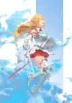  1girl armor armored_boots asuna_(sao) baraba_baba bare_shoulders blonde_hair boots braid breastplate brown_eyes cloud detached_sleeves flying_sweatdrops french_braid from_side highres long_hair rapier shield skirt solo sword sword_art_online thighhighs thighs weapon 