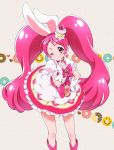  1girl ;) animal_ears boots bunny_ears cure_whip dress food_themed_hair_ornament gloves hair_ornament hand_on_hip kirakira_precure_a_la_mode magical_girl one_eye_closed pink_eyes pink_hair precure smile strawberry_hair_ornament twintails usami_ichika v white_gloves zooya 