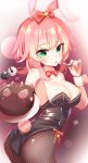  1girl animal_ears bangs bell blush breasts bunny_ears bunny_girl bunny_tail bunnysuit cake chii_aruel commentary eyebrows_visible_through_hair food fork green_eyes highres jijey long_hair looking_at_viewer medium_breasts neck_ribbon pink_hair ribbon solo soul_worker tail 