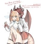  2girls anne_(shingeki_no_bahamut) aqua_eyes aqua_neckwear arm_grab bangs between_legs black_horns black_legwear blunt_bangs blush bow bowtie breasts brown_hair clenched_hand collared_shirt dragon_girl dragon_tail dragon_wings english_text female granblue_fantasy grea_(shingeki_no_bahamut) groin hands_up horns interspecies lazuren legband light_brown_hair long_hair long_sleeves looking_at_another looking_down manaria_friends medium_breasts multiple_girls no_panties open_mouth pleated_skirt pointy_ears red_eyes red_skirt restrained shirt short_hair simple_background skirt standing sweat tail tail_between_legs talking thighhighs white_background white_shirt wings wrist_grab yuri 
