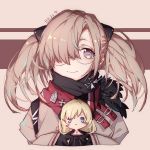  bangs black_scarf blank_eyes blonde_hair blush blush_stickers brown_background brown_hair closed_mouth commentary cross cross_necklace doll fur-trimmed_jacket fur_trim g3_(girls_frontline) girls_frontline glasses gloves hair_ornament hair_over_one_eye hk21_(girls_frontline) holding jacket jewelry long_hair long_sleeves necklace pollity purple_eyes scarf simple_background sleeves_past_wrists twintails 