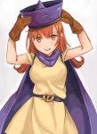  1girl alena_(dq4) belt blush breasts cape commentary_request curly_hair dragon_quest dragon_quest_iv dress gloves hat highres long_hair looking_at_viewer open_mouth orange_hair red_eyes simple_background smile solo white_background 