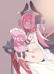  1girl armor asymmetrical_horns bangs bed bed_sheet bikini_armor black_gloves black_legwear blade_(galaxist) blue_eyes blush boots cape claws closed_mouth curled_horns dragon_girl dragon_horns dragon_tail elbow_gloves elizabeth_bathory_(brave)_(fate) elizabeth_bathory_(fate)_(all) eyebrows_visible_through_hair fate/grand_order fate_(series) gloves horns indoors knee_boots long_hair looking_at_viewer navel on_bed pillow pillow_hug pink_hair pointy_ears sitting smile solo startled sweatdrop tail thighhighs two_side_up yes yes-no_pillow 