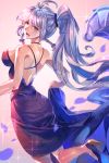  1girl ahoge backless_dress backless_outfit blue_dress braid breasts dress granblue_fantasy hatomame high_heels highres large_breasts leg_up looking_back petals ponytail silva_(granblue_fantasy) silver_hair twin_braids yellow_eyes 