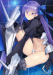  1girl armor armored_boots black_coat blue_background blue_eyes blue_ribbon boots commentary_request crotch_plate fate/extra fate/extra_ccc fate_(series) hair_ribbon juliet_sleeves long_hair long_sleeves meltlilith navel puffy_sleeves purple_hair revealing_clothes rib:y(uhki) ribbon sleeves_past_wrists solo spikes very_long_hair 