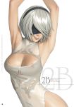  1girl armpits arms_up black_blindfold black_hairband blindfold breasts cleavage cleavage_cutout commentary_request erect_nipples hairband leotard mole mole_under_mouth nier_(series) nier_automata nipples see-through watanabe_yasuaki white_hair yorha_no._2_type_b 