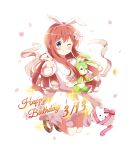  1girl ;q animal_ears bangs blush bow brown_footwear brown_hair bunny_ears closed_mouth commentary_request dated deyui eyebrows_visible_through_hair fake_animal_ears flower full_body gochuumon_wa_usagi_desu_ka? hair_between_eyes hair_flower hair_ornament hairband happy_birthday highres hoto_mocha long_hair mary_janes object_hug one_eye_closed petals pink_flower pointing pointing_at_viewer puffy_short_sleeves puffy_sleeves purple_eyes purple_flower red_bow red_ribbon ribbon shirt shoes short_sleeves simple_background skirt smile solo sparkle striped striped_bow striped_ribbon stuffed_animal stuffed_bunny stuffed_toy tongue tongue_out very_long_hair white_background white_flower white_hairband white_shirt white_skirt yellow_flower 