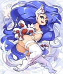  1girl animal_ears ass big_hair blue_eyes blue_hair breasts cat_ears cat_girl cat_tail felicia highres krokobyaka long_hair open_mouth paws slit_pupils small_breasts tail vampire_(game) very_long_hair white_fur 