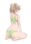  1girl ass back bare_legs bare_shoulders barefoot blush bra closed_mouth commentary_request double_bun feet full_body green_bra green_panties hair_between_eyes hair_bun highres kantai_collection light_brown_hair looking_at_viewer looking_back michishio_(kantai_collection) panties revision short_twintails simple_background sitting soles solo soushou_nin toes twintails underwear underwear_only white_background yellow_eyes 