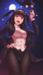  1girl absurdres awan0918 breasts dc fire_emblem fire_emblem:_kakusei formal hand_on_hip happy hat highres hips looking_at_viewer magician nintendo smile suit tagme tharja thighs tights zatanna_zatara 
