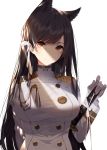  1girl aiguillette animal_ears arm_behind_back atago_(azur_lane) azur_lane bangs black_hair breasts brown_eyes closed_mouth commentary_request gloves hair_ribbon highres kisui_(user_wswf3235) large_breasts light long_hair long_sleeves looking_at_viewer military military_uniform mole mole_under_eye ribbon sheath sheathed simple_background smile solo swept_bangs sword uniform upper_body weapon white_background white_gloves white_ribbon 