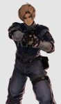  1boy 90s aiming armor belt big_hair blue_eyes brown_hair bulletproof_vest closed_mouth commentary david_liu elbow_pads english_commentary feet_out_of_frame fingerless_gloves gloves grey_background gun handgun highres holding holding_gun holding_weapon leon_s_kennedy looking_at_viewer pistol police police_badge police_uniform policeman pouch resident_evil resident_evil_2 serious short_hair shoulder_pads simple_background solo standing uniform weapon 